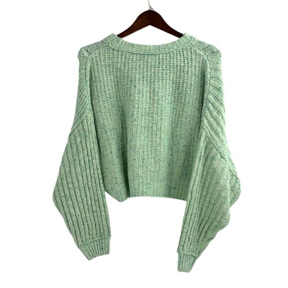 Free People Womens S Textured Cable Knit Cropped Sweater Green Boxy Fisherman - Picture 2 of 9